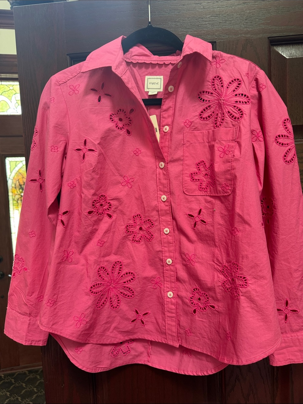 Maeve Hot Pink Eyelet Floral Button-Down Shirt